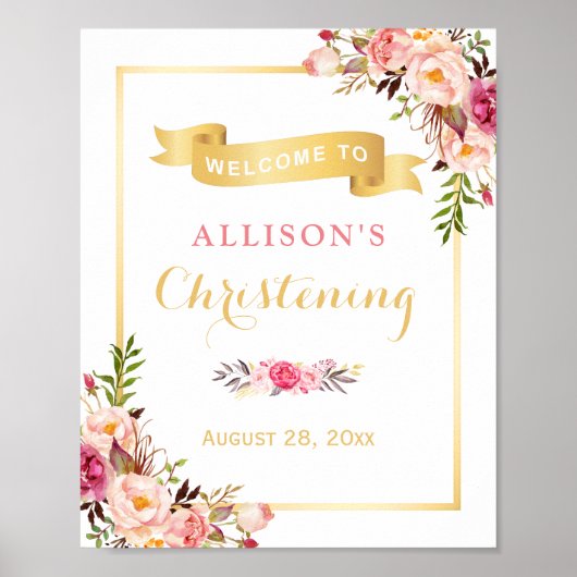 Christening Welkom Sign Elegant Chic Floral Gold Poster (Voorkant)