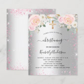 Christening zilverroze florale glitter-uitnodiging (Voorkant / Achterkant)