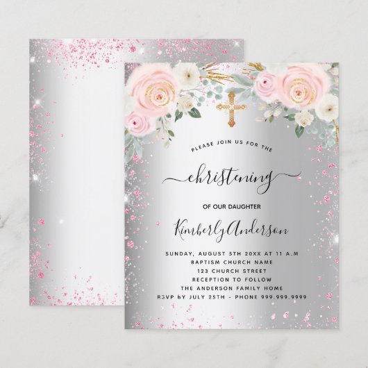 Christening zilverroze florale glitter-uitnodiging (Voorkant / Achterkant)