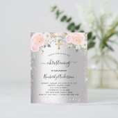 Christening zilverroze florale glitter-uitnodiging (Staand voorkant)