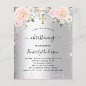 Christening zilverroze florale glitter-uitnodiging (Voorkant)