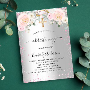 Christening zilverroze floralen uitnodiging briefkaart