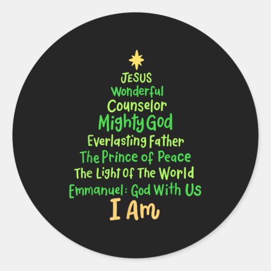 Christian Christmas Jesus Bible Names Xmas Tree Sh Ronde Sticker (Voorkant)