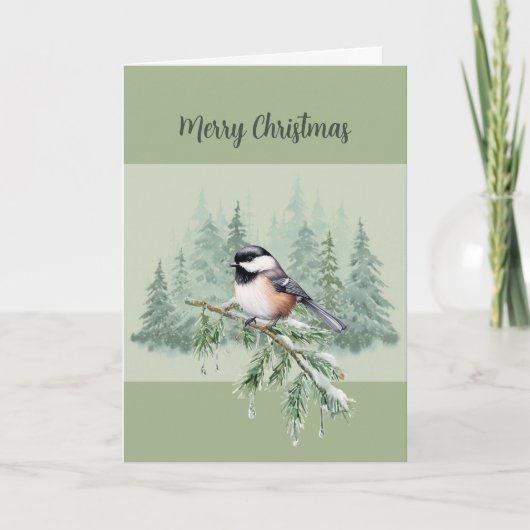 Christian Christmas Winter Spruce Tree Chickadee Feestdagen Kaart (Voorkant)