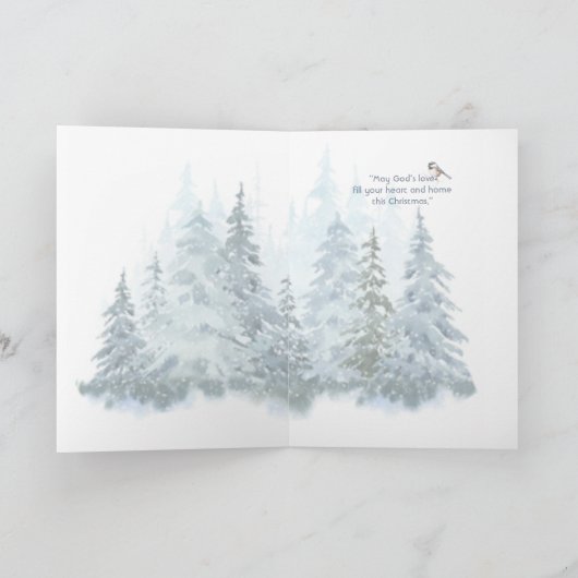 Christian Christmas Winter Spruce Tree Chickadee Feestdagen Kaart (Binnen)