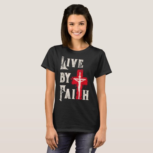 Christian Cross Scripture Live By Faith T-shirt (Voorkant volledig)