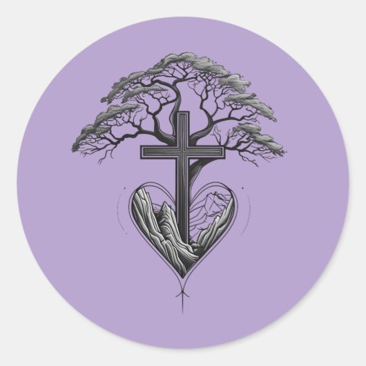 Christian Cross Tree Mountain Heart Sticker (Voorkant)
