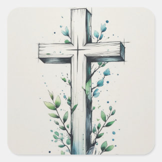 Christian Cross with Watercolor Branches Sticker