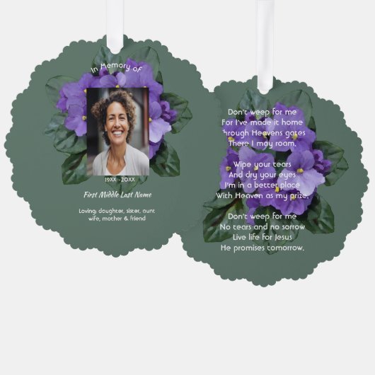Christian Memorial Keepsake African Violet Ornament Kaart (Voorkant / Achterkant)