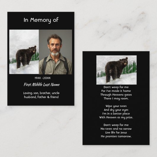 Christian Memorial Keepsake Black Bear Animal Visitekaartje (Voorkant / Achterkant)