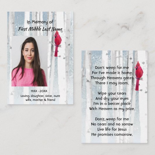 Christian Memorial Keepsake Cardinal Bird Visitekaartje (Voorkant / Achterkant)