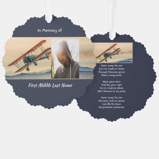 Christian Memorial Keepsake  Clouds Biplane Sky Ornament Kaart (Voorkant / Achterkant)