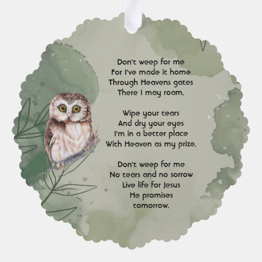 Christian Memorial Keepsake Cute Owl Bird Ornament Kaart (Achterkant)