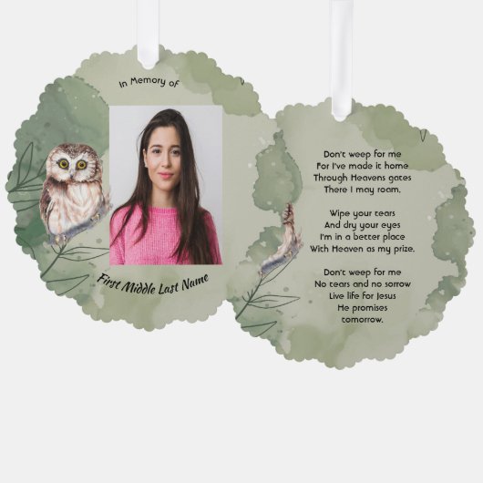 Christian Memorial Keepsake Cute Owl Bird Ornament Kaart (Voorkant / Achterkant)