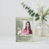 Christian Memorial Keepsake Cute Owl Bird Visitekaartje (Staand voorkant)