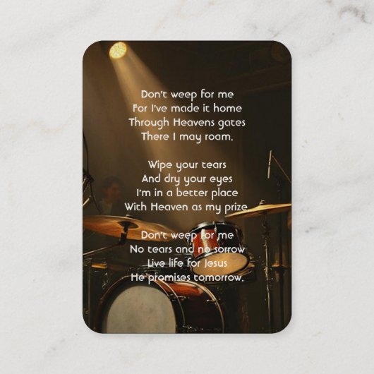 Christian Memorial Keepsake Drummer Drums Band Visitekaartje (Achterkant)