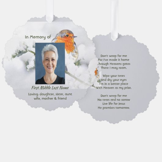 Christian Memorial Keepsake English Robin Bird Ornament Kaart (Voorkant / Achterkant)