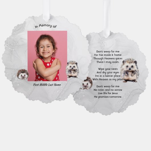 Christian Memorial Keepsake Hedgehog Children Ornament Kaart (Voorkant / Achterkant)