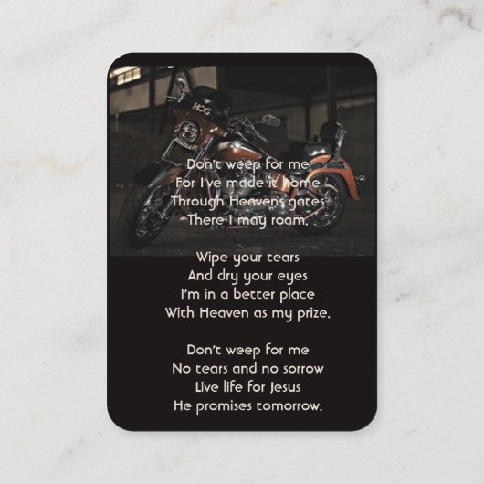 Christian Memorial Keepsake Motorcycle Biker Visitekaartje (Achterkant)