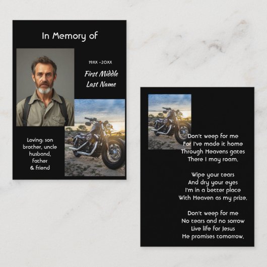 Christian Memorial Keepsake Motorcycle Chopper Visitekaartje (Voorkant / Achterkant)