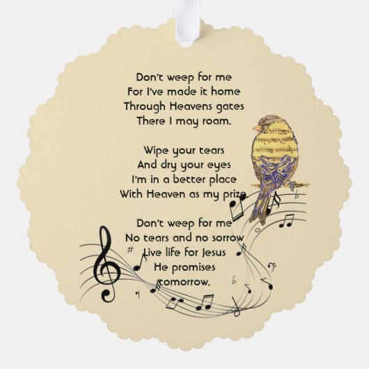 Christian Memorial Keepsake Music Bird Ornament Kaart (Achterkant)