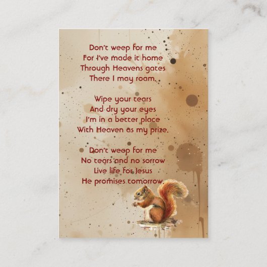 Christian Memorial keepsake Red Squirrel Visitekaartje (Achterkant)