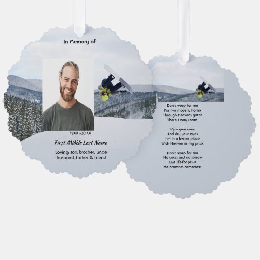 Christian Memorial Keepsake Snowboarding Winter Ornament Kaart (Voorkant / Achterkant)