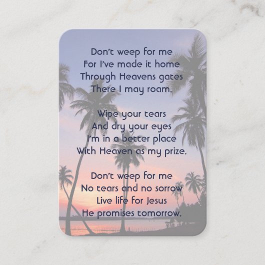 Christian Memorial Keepsake Tropical Beach Visitekaartje (Voorkant)