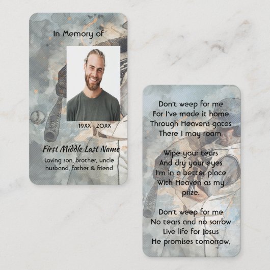 Christian  Memorial Memory Card Baseball Sport Visitekaartje (Voorkant / Achterkant)
