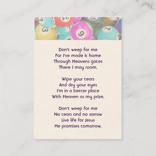 Christian Memorial Photo Keepsake Bingo Game  Visitekaartje (Achterkant)