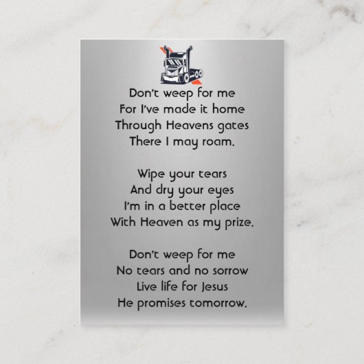 Christian Memorial Semi-Truck Tractor-trailer  Visitekaartje (Achterkant)