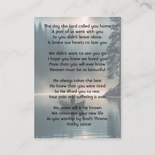 Christian Memory Keepsake Wilderness Lake Canoe Visitekaartje (Achterkant)