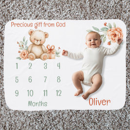 Christian Teddy Bear Milestone Baby Blanket Inbakerdoek