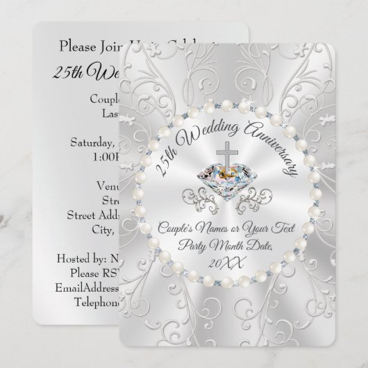 CHRISTIAN Zilveren 25e Verjaardags Uitnodigingskaa Kaart (Voorkant / Achterkant)