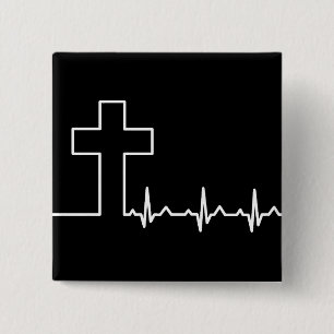 Christians Cross Heartbeat Life EKG ECG Vierkante Button 5,1 Cm