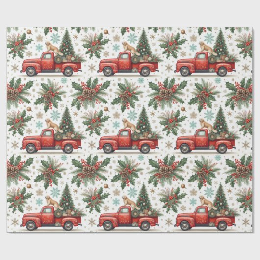 Christma Red Truck Dog & Holiday Greenery  Cadeaupapier (Vlak)
