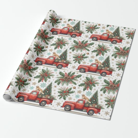 Christma Red Truck Dog & Holiday Greenery  Cadeaupapier (Uitgerold)