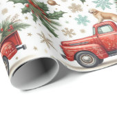 Christma Red Truck Dog & Holiday Greenery  Cadeaupapier (Rol Hoek)