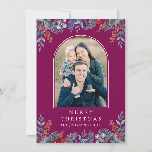 Christmas 1 Photo Arch Watercolor Botanical Feestdagenkaart (Voorkant)