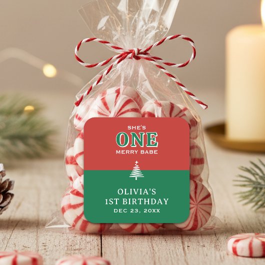 Christmas 1st Birthday Party Festive Red & Green Vierkante Sticker