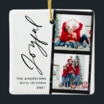 Christmas 2 foto's van de moderne typography blue keramisch ornament<br><div class="desc">Kerstmis 2 fotocollage typografie modern blauw,  vrolijk design.</div>