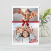 CHRISTMAS 2 PHOTO modern gift cute red ribbon bow Feestdagenkaart (Staand voorkant)