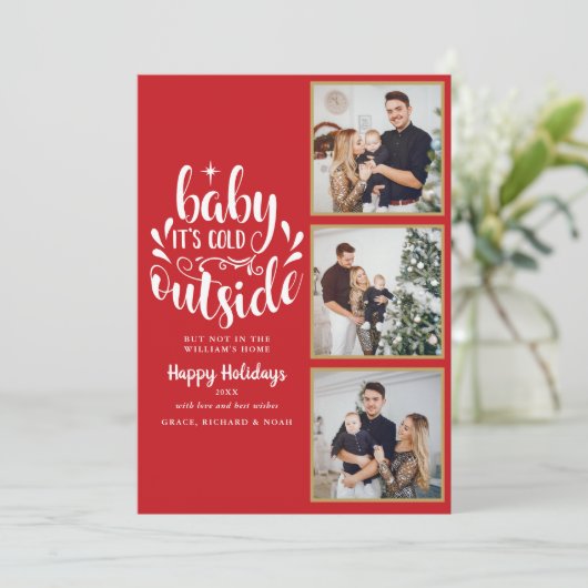 Christmas 3 Photo Collage Baby zijn koud buiten Feestdagenkaart (Staand voorkant)