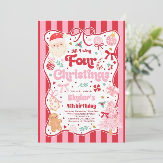 Christmas 4th Birthday Party Coquette Bow Birthday Kaart (Staand voorkant)