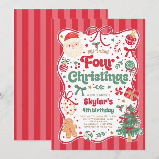 Christmas 4th Birthday Party Coquette Bow Birthday Kaart (Voorkant / Achterkant)