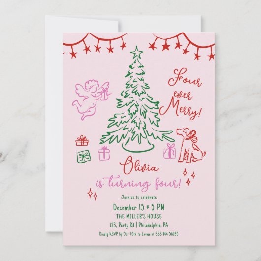 Christmas 4th birthday whimsical tree aankondiging (Voorkant)