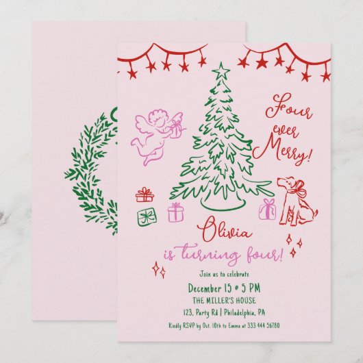 Christmas 4th birthday whimsical tree aankondiging (Voorkant / Achterkant)