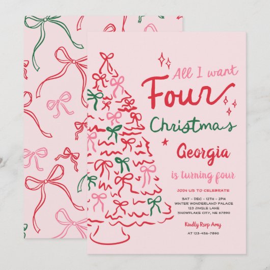 Christmas 4th Coquette Bow Christmas Tree Birthday Kaart (Voorkant / Achterkant)