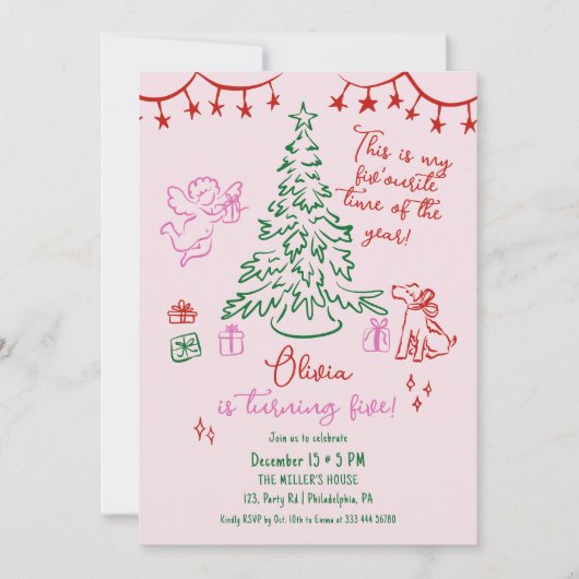 Christmas 5th birthday whimsical tree aankondiging (Voorkant)