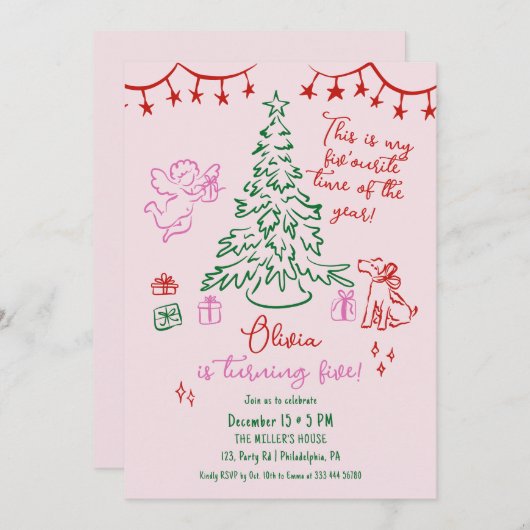 Christmas 5th birthday whimsical tree aankondiging (Voorkant / Achterkant)